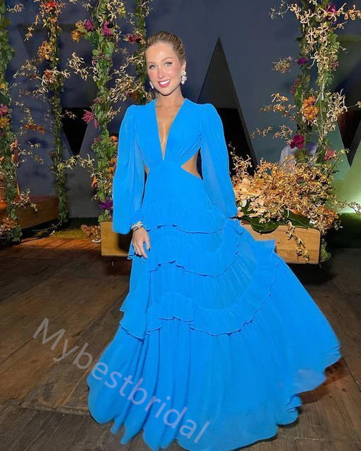 Elegant V-neck Long Sleeves A-line Long Prom Dress,PDS11553