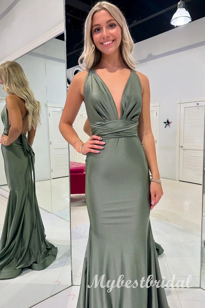 Sexy V-neck Open Back Sleeveless Mermaid Long Prom Dress,PDS11751
