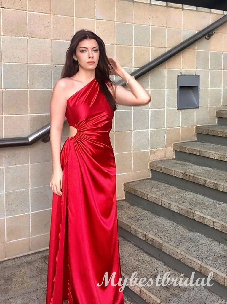 Red One Shoulder Sleeveless Mermaid Long Prom Dress,PDS11746