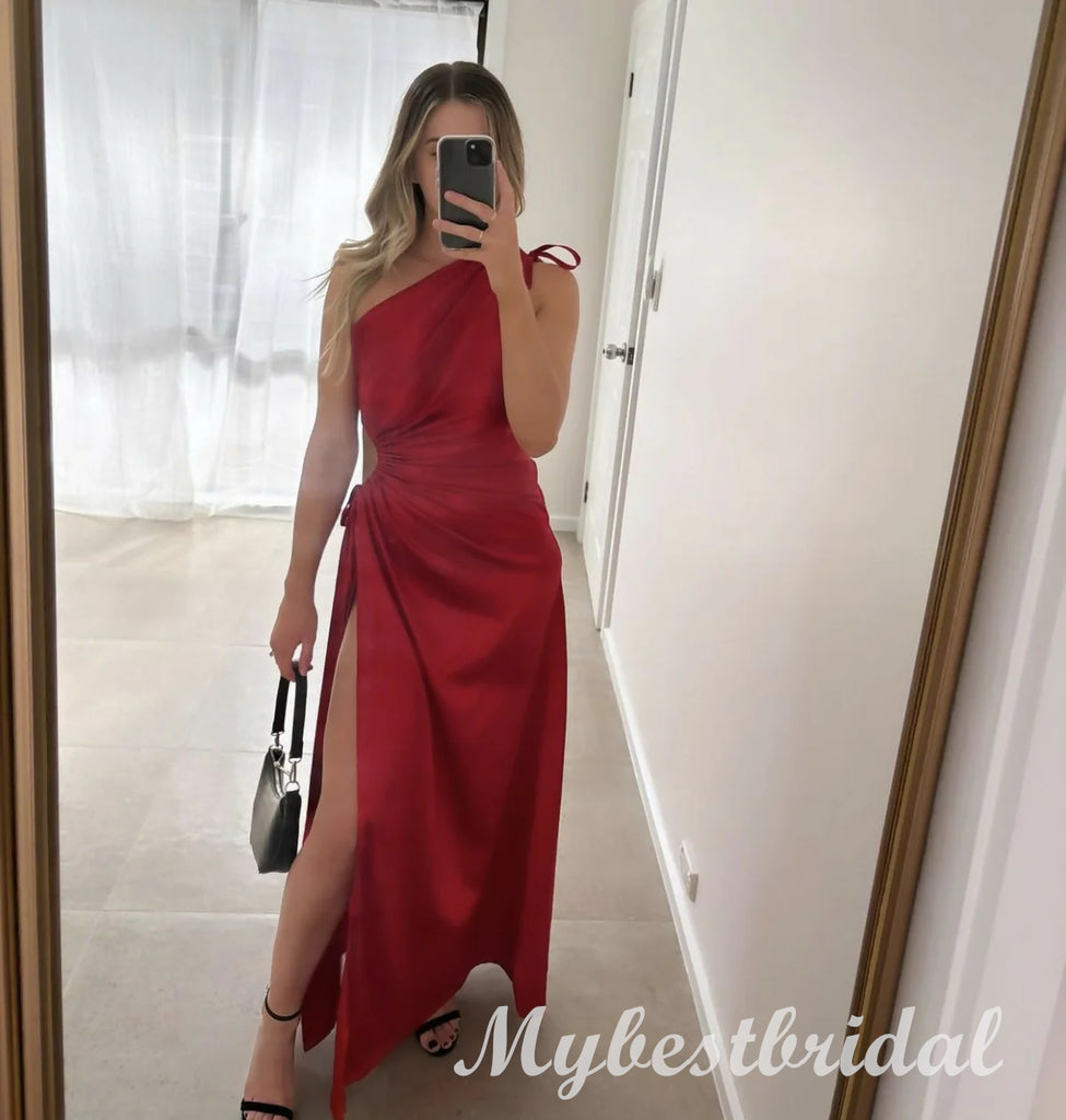 Red One Shoulder Sleeveless Mermaid Long Prom Dress,PDS11746