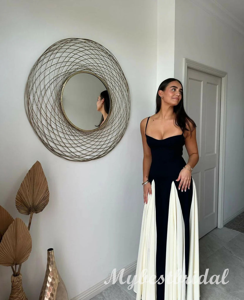Black and White Spaghetti Straps Sleeveless A-line Long Prom Dress,PDS11747