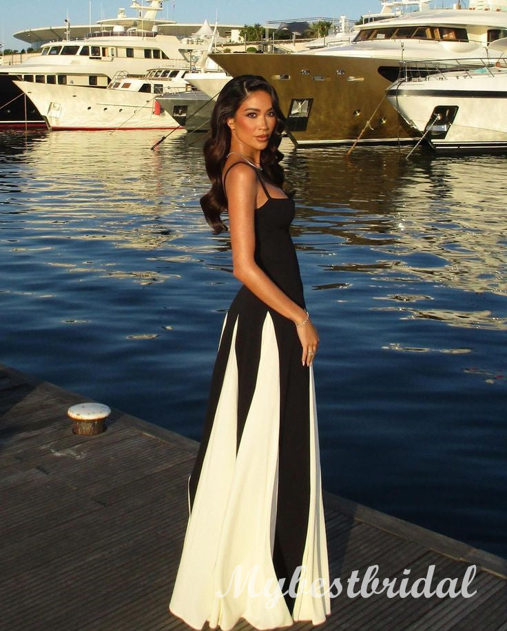 Black and White Spaghetti Straps Sleeveless A-line Long Prom Dress,PDS11747