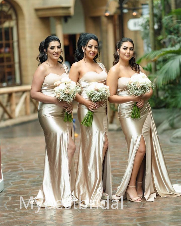 Elegant one shoulder Side slit Long Sheath Bridesmaid Dressess, BDS0308
