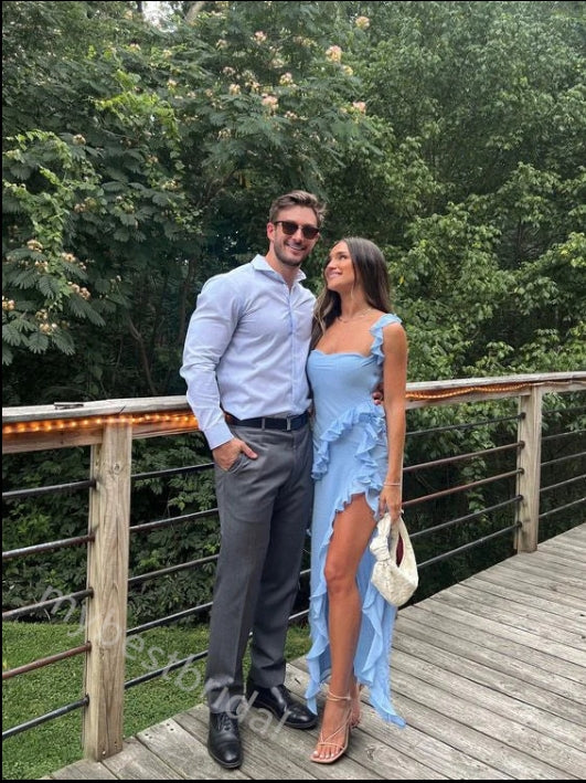 Red Ruffle Sleeveless Side Slit Sheath Floor Length Prom Dress,PDS11622