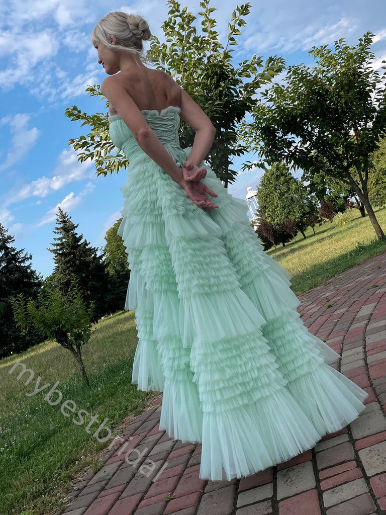 Elegant Strapless Sleeveless Ruffle A-line Floor Length Prom Dress,PDS11587