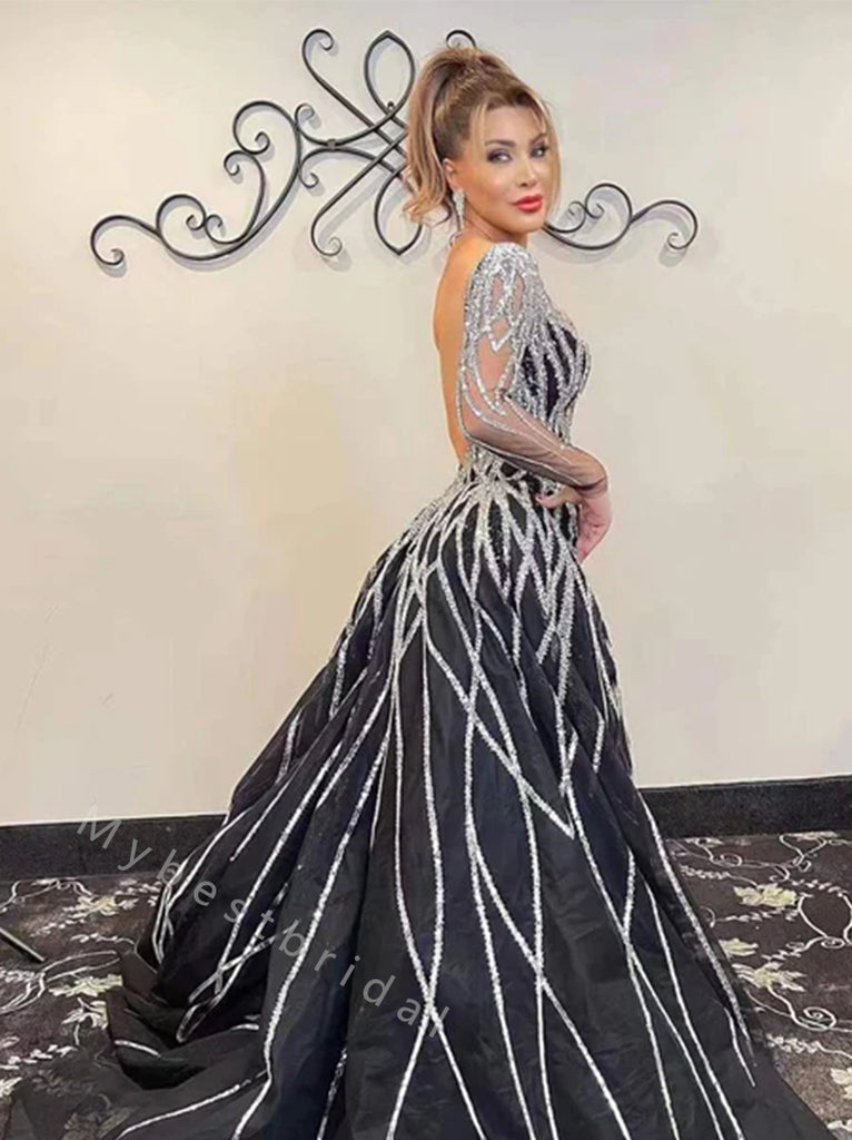 Elegant V-neck Long sleeves  A-line Long Floor Length Prom Dress,PDS11476