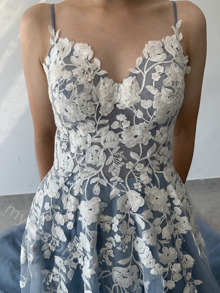 Elegant V-neck Sleeveless Lace Applique A-line Floor Length Prom Dress,PDS11586