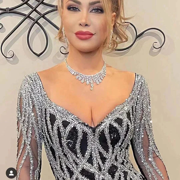 Elegant V-neck Long sleeves  A-line Long Floor Length Prom Dress,PDS11476