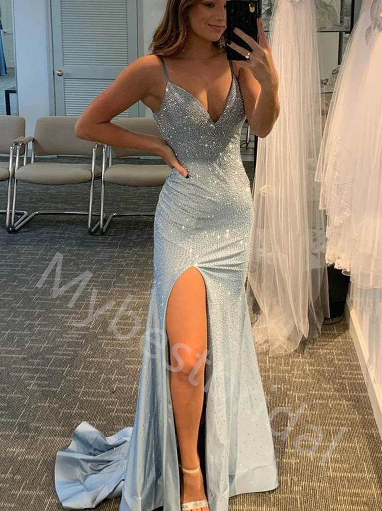 Sexy V-neck Spaghetti straps Side slit Mermaid Long Prom Dress,PDS1108