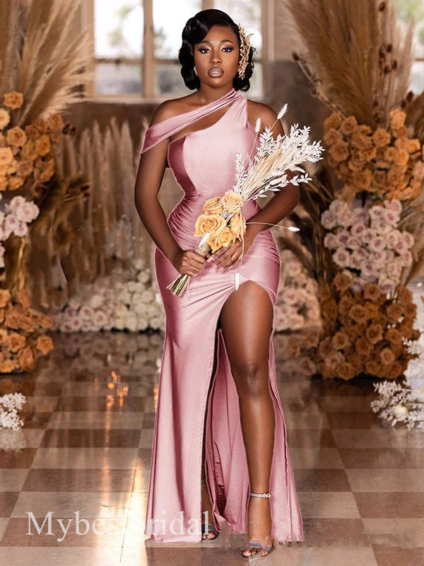 Mismatched One Shoulder Side Slit Sleeveless Mermaid Bridesmaid  Dressess, BDS0384
