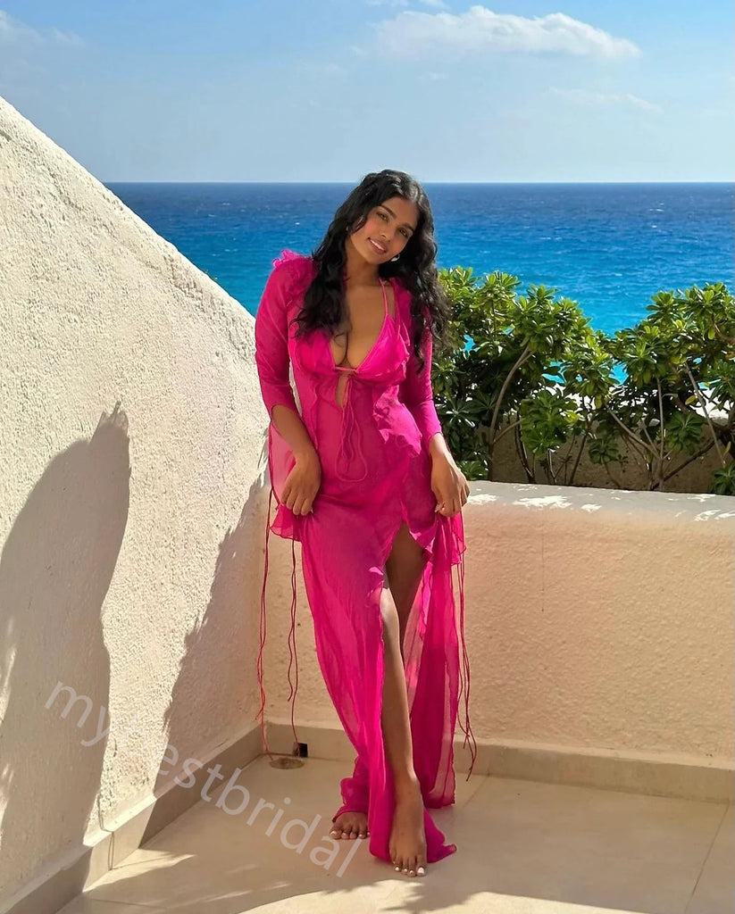 Sexy Ruffle Long Sleeves Side Slit Sheath Floor Length Prom Dress,PDS11621