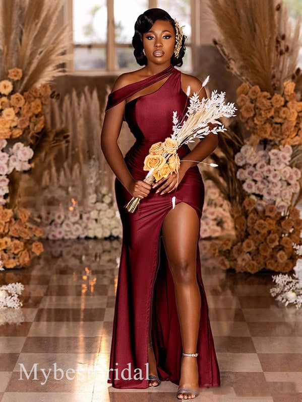 Mismatched One Shoulder Sleeveless Side Slit Mermaid Bridesmaid  Dressess, BDS0380