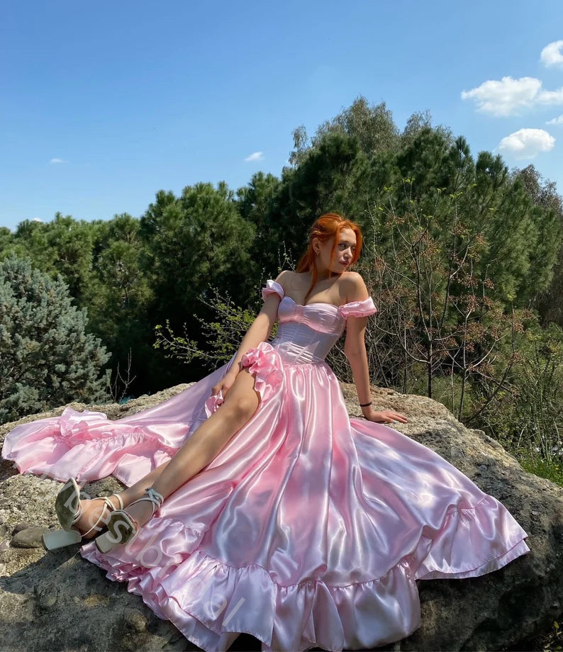 Cute Off Shoulder Side Slit A-line Floor Length Prom Dress,PDS11600