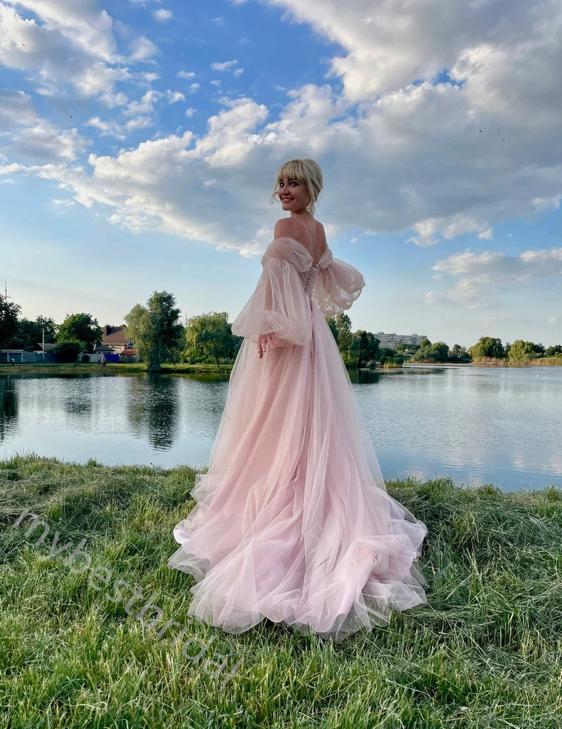 Elegant Off Shoulder Long Sleeves  A-line Floor Length Prom Dress,PDS11588