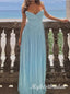 Blue V-neck with Ruffles Sleeveless A-line Long Prom Dress,PDS11711