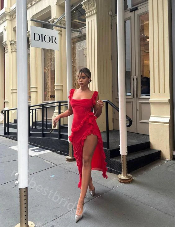 Red Ruffle Sleeveless Side Slit Sheath Floor Length Prom Dress,PDS11622