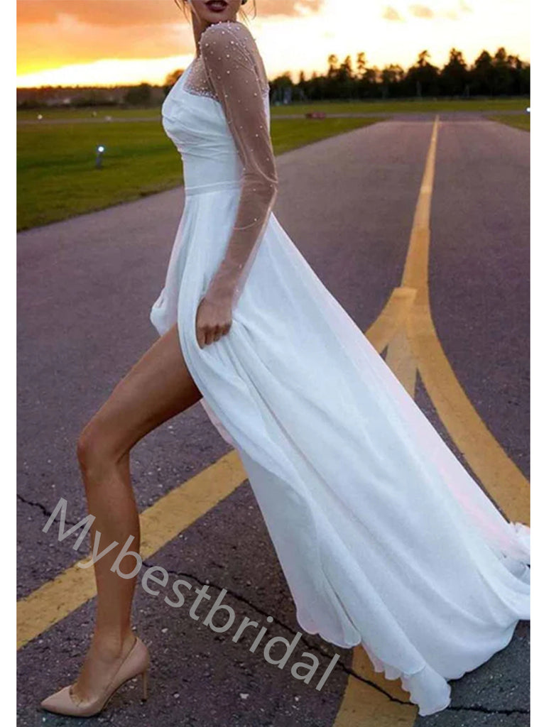 Elegant Long Sleeves Side Slit A-line  Wedding Dresses, WDY0347