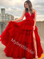 Red Charming V-neck Sleeveless Side slit A-line Long Prom Dress,PDS1120