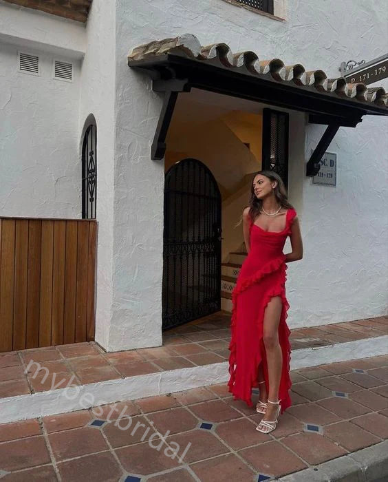 Red Ruffle Sleeveless Side Slit Sheath Floor Length Prom Dress,PDS11622