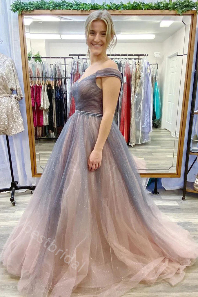 Elegant Off Shoulder A-line Gradual Floor Length Prom Dress,PDS11582