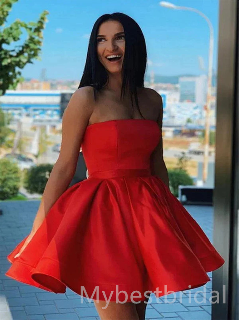 Red Elegant Strapless Square A-line Short Mini Homecoming Dress,  HDS0135