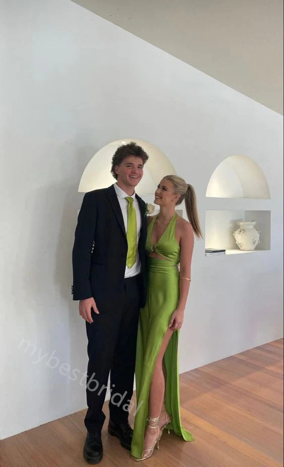 Green Halter Sleeveless Side Slit Sheath Floor Length Prom Dress,PDS11609