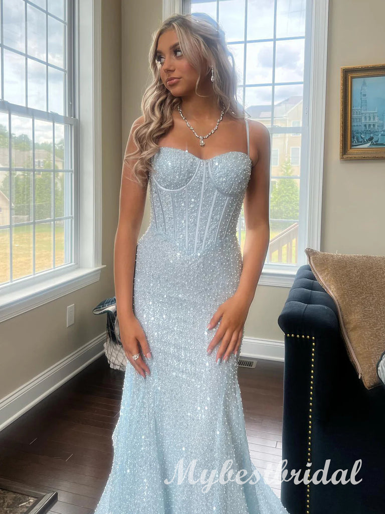 Blue Shiny Sweetheart Sleeveless Mermaid Long Prom Dress,PDS11717