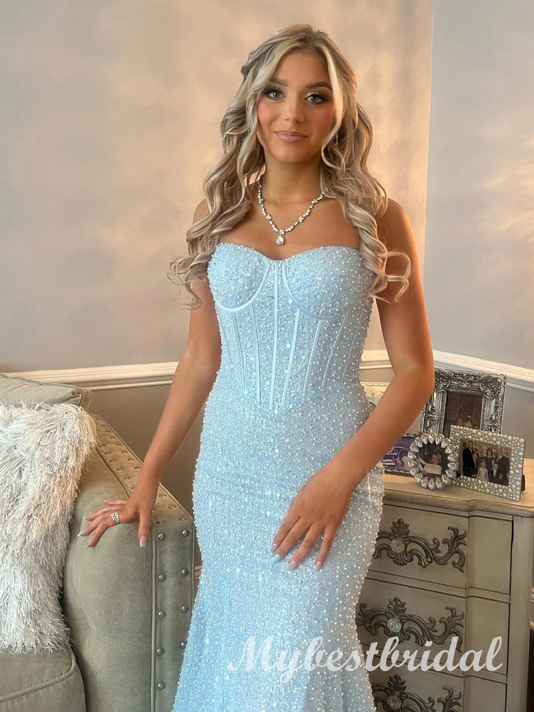 Blue Shiny Sweetheart Sleeveless Mermaid Long Prom Dress,PDS11717