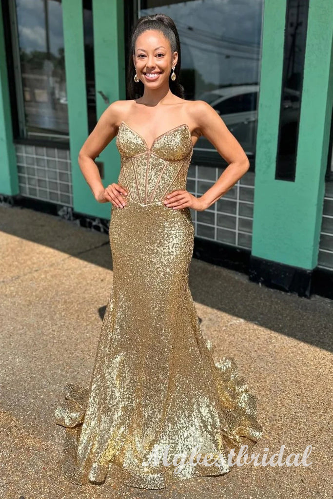 Gold Sparkly V-neck Sleeveless Mermaid Long Prom Dress,PDS11720