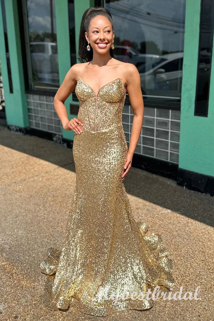Gold Sparkly V-neck Sleeveless Mermaid Long Prom Dress,PDS11720