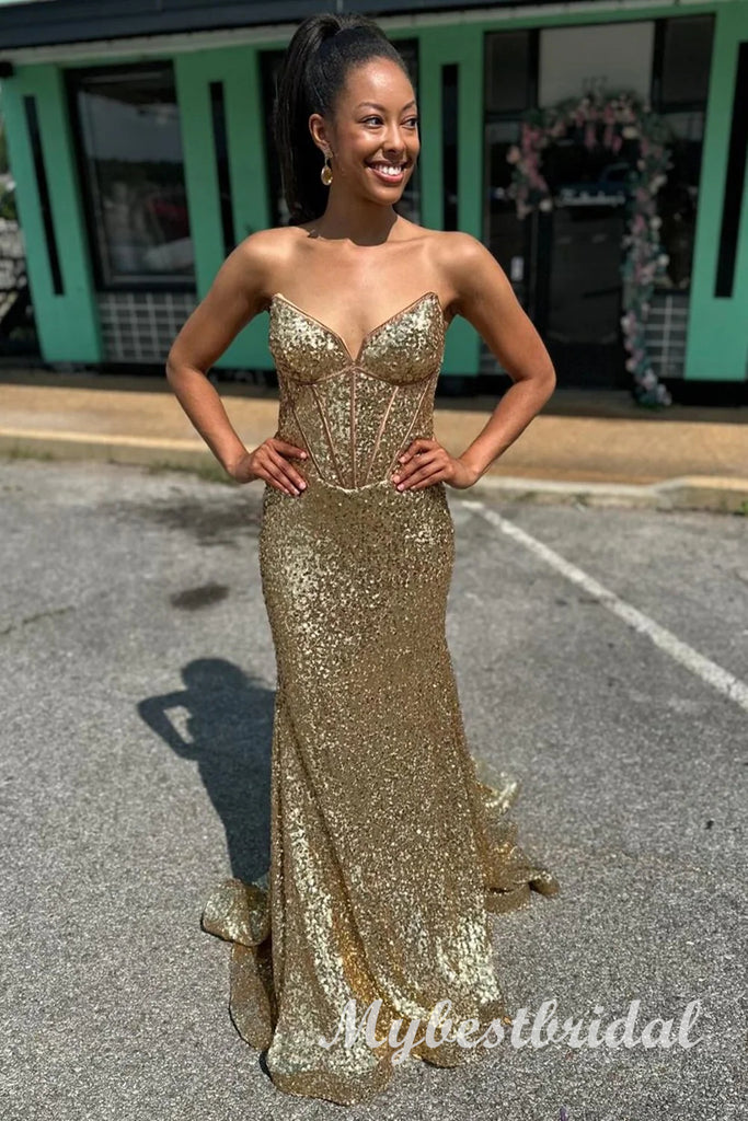 Gold Sparkly V-neck Sleeveless Mermaid Long Prom Dress,PDS11720