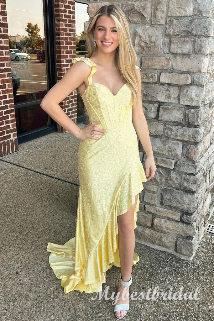 Yellow Ruffles V-neck Sleeveless Mermaid Long Prom Dress,PDS11723