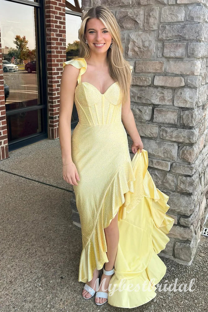 Yellow Ruffles V-neck Sleeveless Mermaid Long Prom Dress,PDS11723