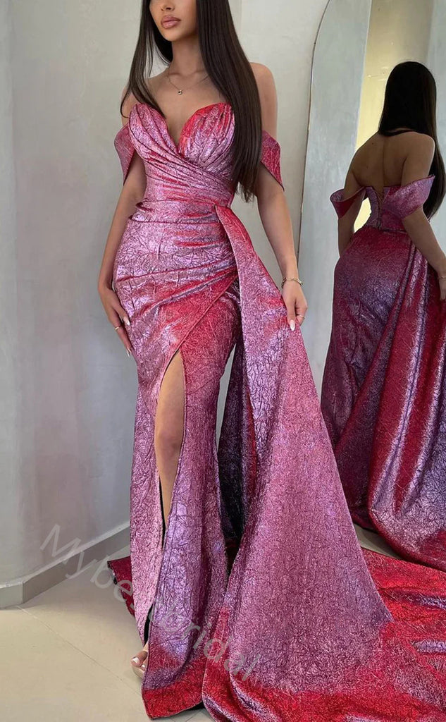 Sexy Off Shoulder Sleeveless Side Slit Mermaid Long Prom Dress,PDS11551
