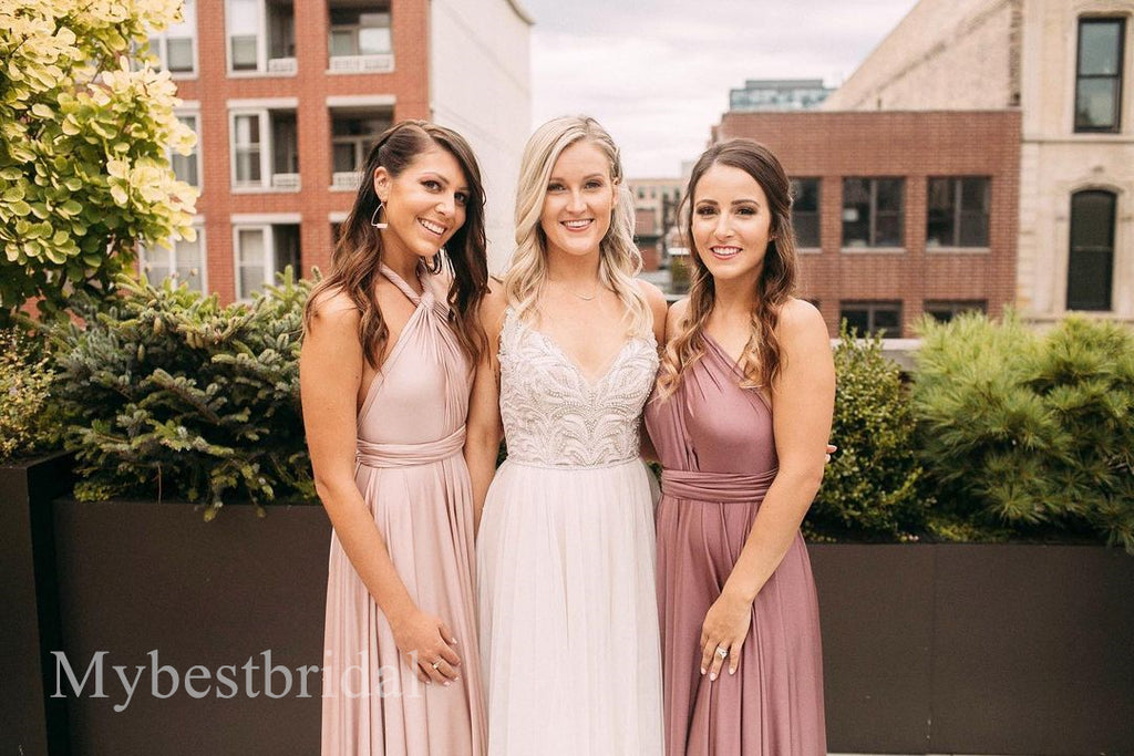 Mismatched Elegant V-neck Sleeveless A-line Bridesmaid Dressess, BDS0328