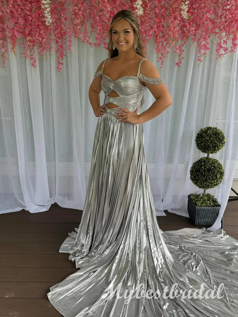 Sparkly Off Shoulder Sweetheart Sleeveless A-line Long Prom Dress,PDS11739