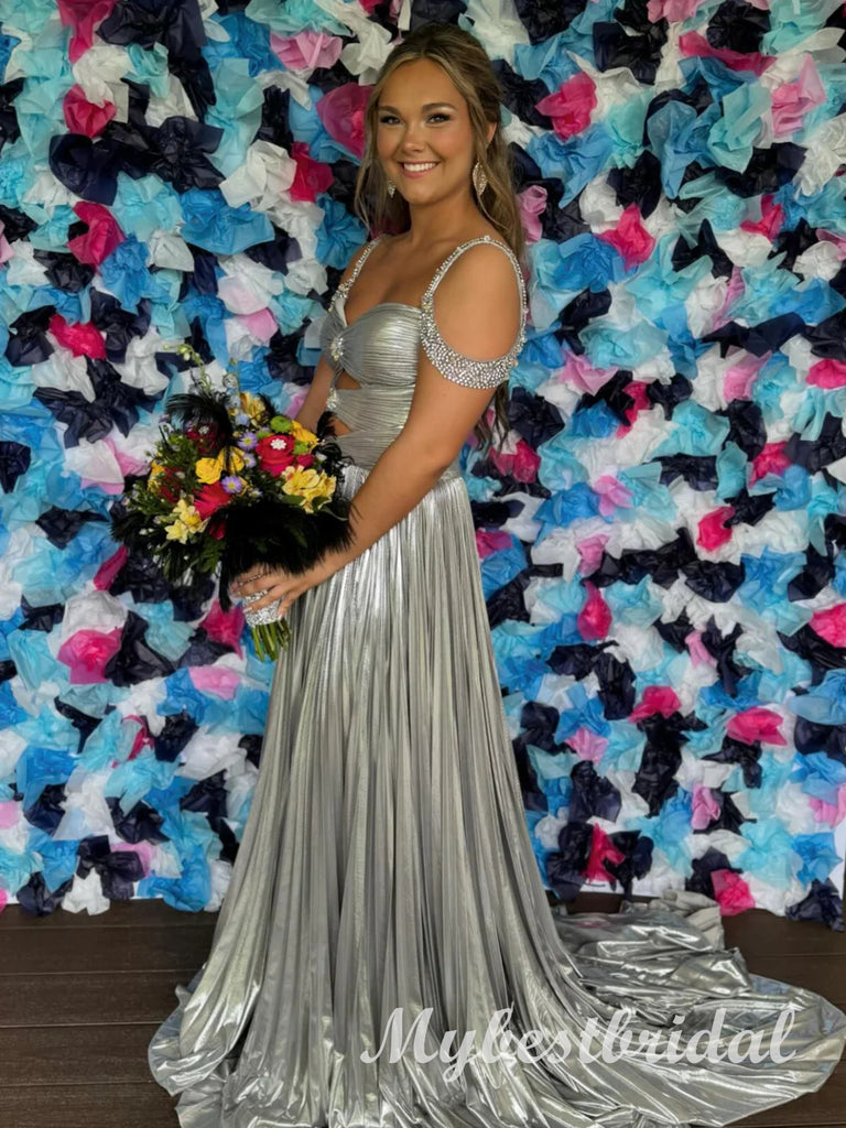 Sparkly Off Shoulder Sweetheart Sleeveless A-line Long Prom Dress,PDS11739