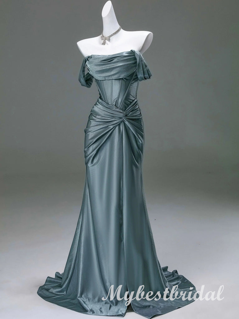 Elegant Off Shoulder Sleeveless Side Slit Mermaid Long Prom Dress,PDS11742