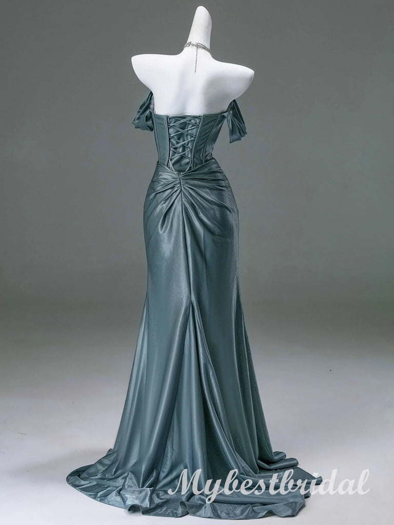 Elegant Off Shoulder Sleeveless Side Slit Mermaid Long Prom Dress,PDS11742