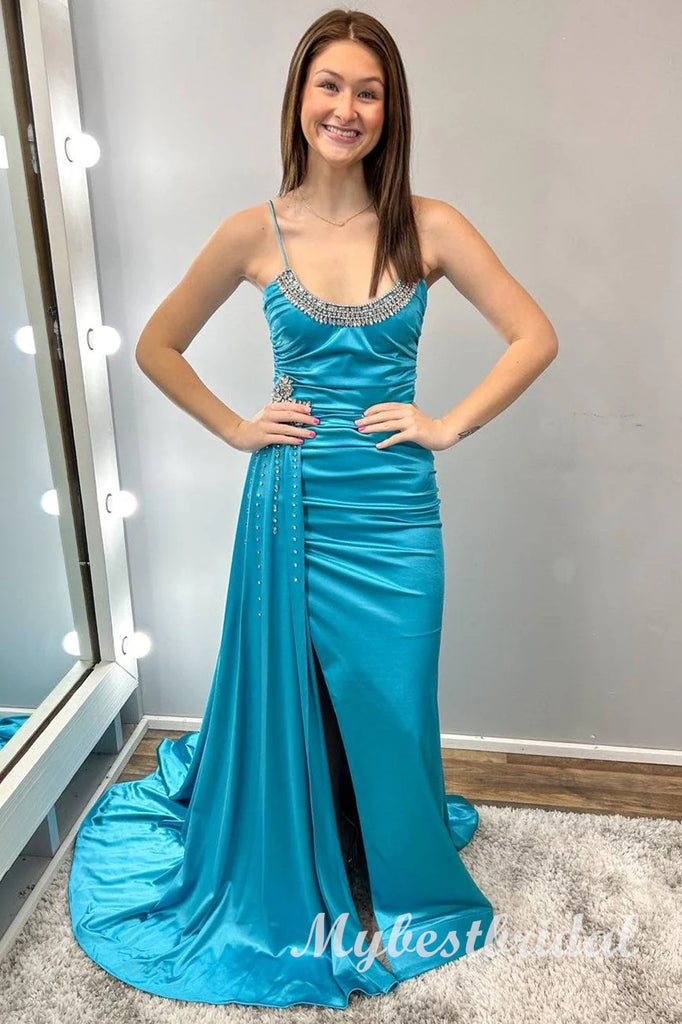 Elegant Scoop Sleeveless Side Slit Mermaid Long Prom Dress,PDS11748