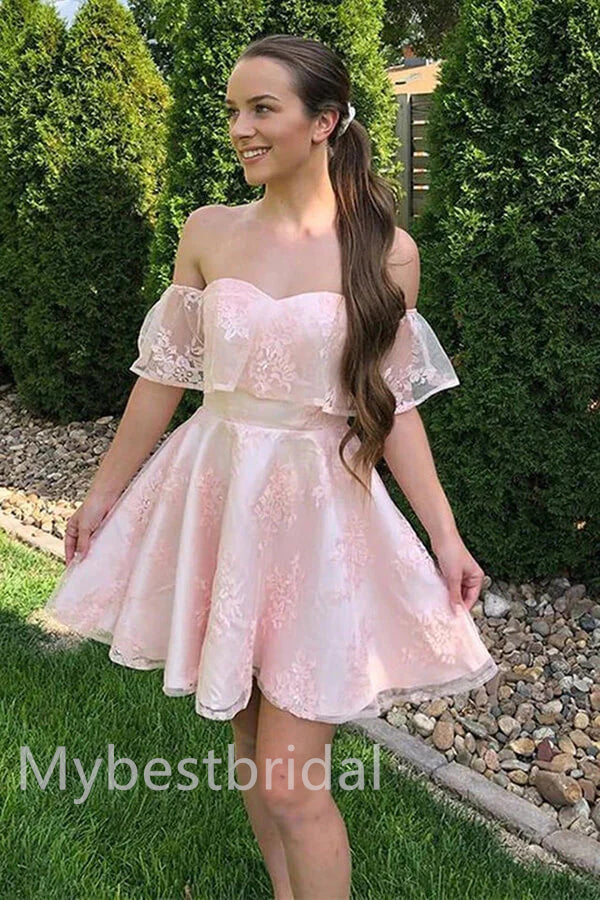 Pink Off shoulder Sleeveless A-line Short Mini Homecoming Dress,  HDS0102