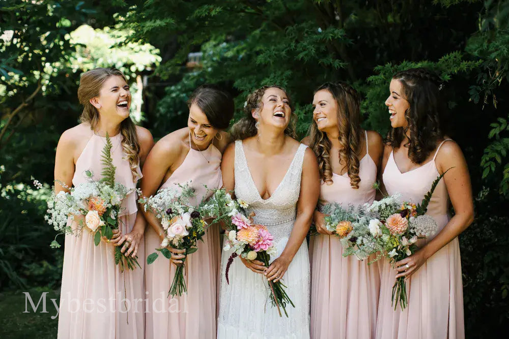 Mismatched Elegant V-neck Sleeveless A-line Bridesmaid Dressess, BDS0342