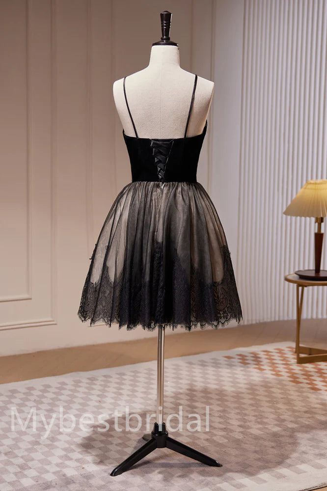 Black V-neck Sleeveless A-line Short Mini Homecoming Dress,  HDS0115