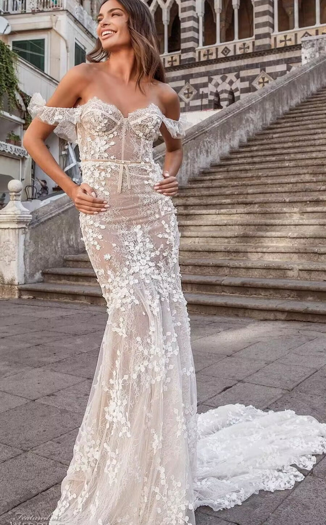 Mermaid Romantic Off-The-Shoulder Lace Long Cheap Wedding Dresses, WDS0049