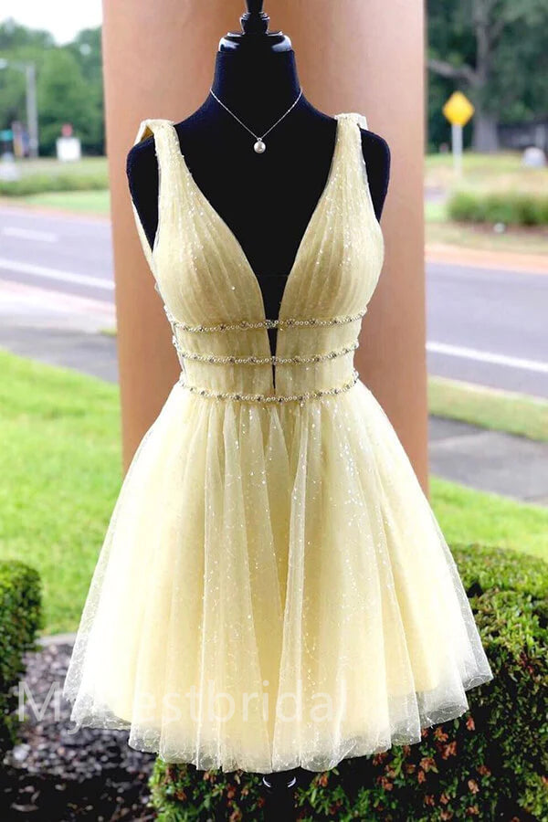 Elegant V-neck Sleeveless A-line Short Mini Homecoming Dress,  HDS0150