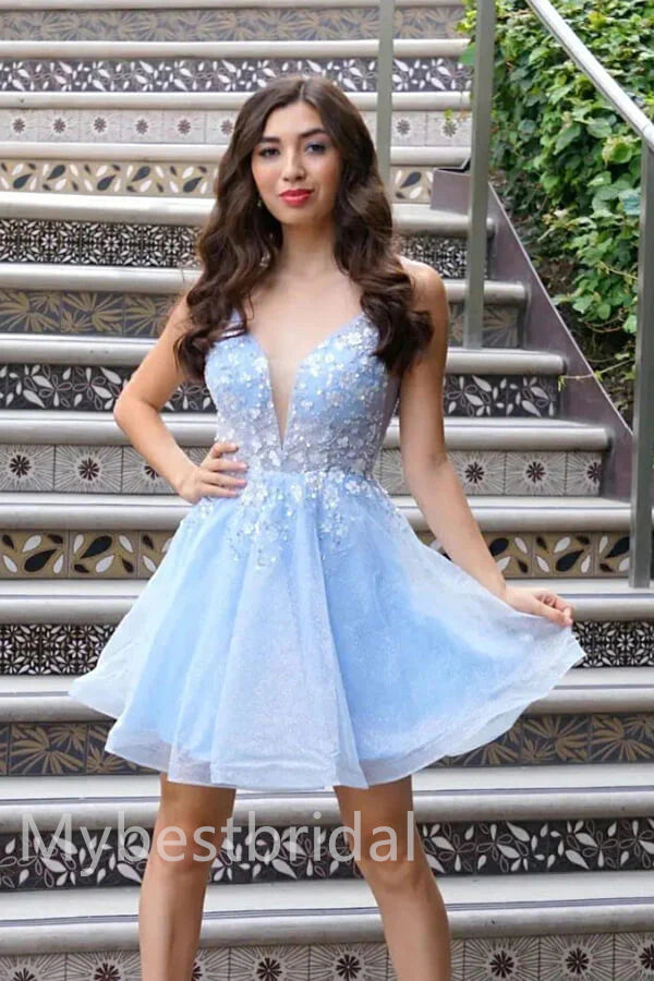 Elegant V-neck Sleeveless A-line Short Mini Homecoming Dress,  HDS0142