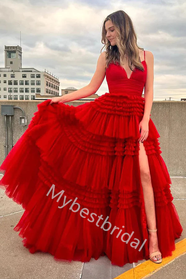 Red Charming V-neck Sleeveless Side slit A-line Long Prom Dress,PDS1120