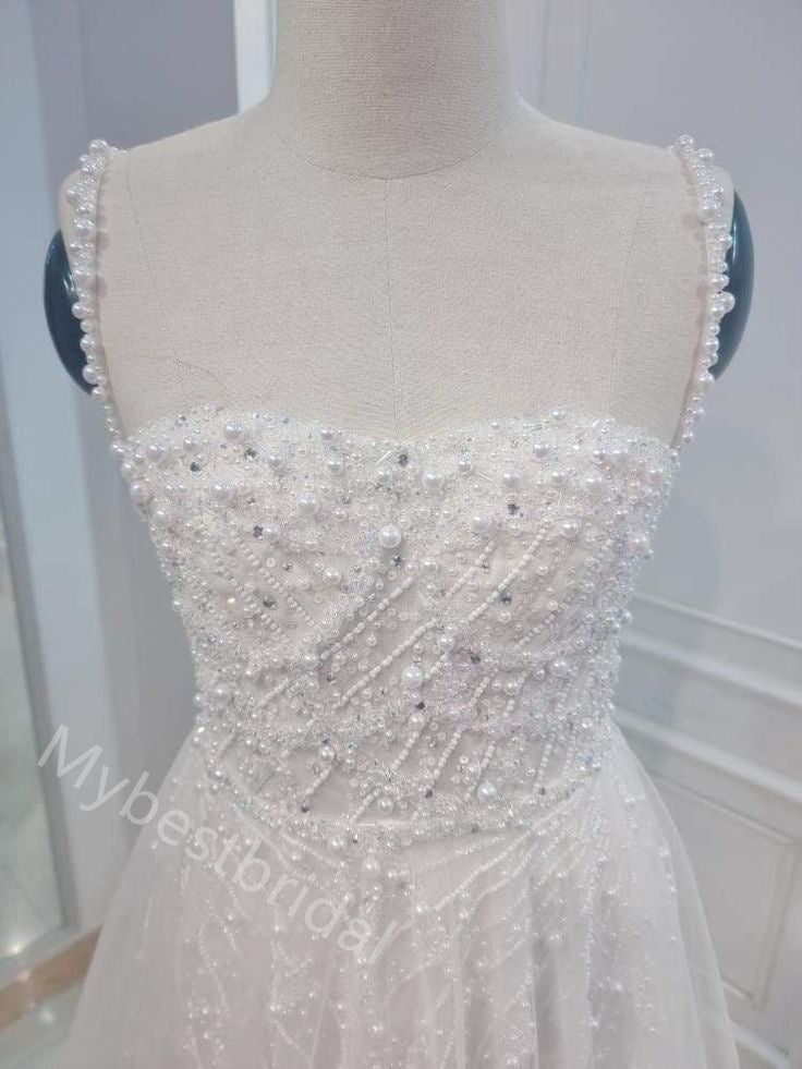 Sparkly Pearl  Square Sleeveless A-line  Wedding Dresses, WDY0340