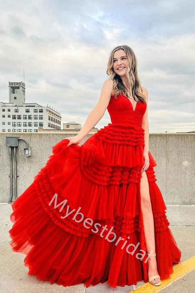 Red Charming V-neck Sleeveless Side slit A-line Long Prom Dress,PDS1120