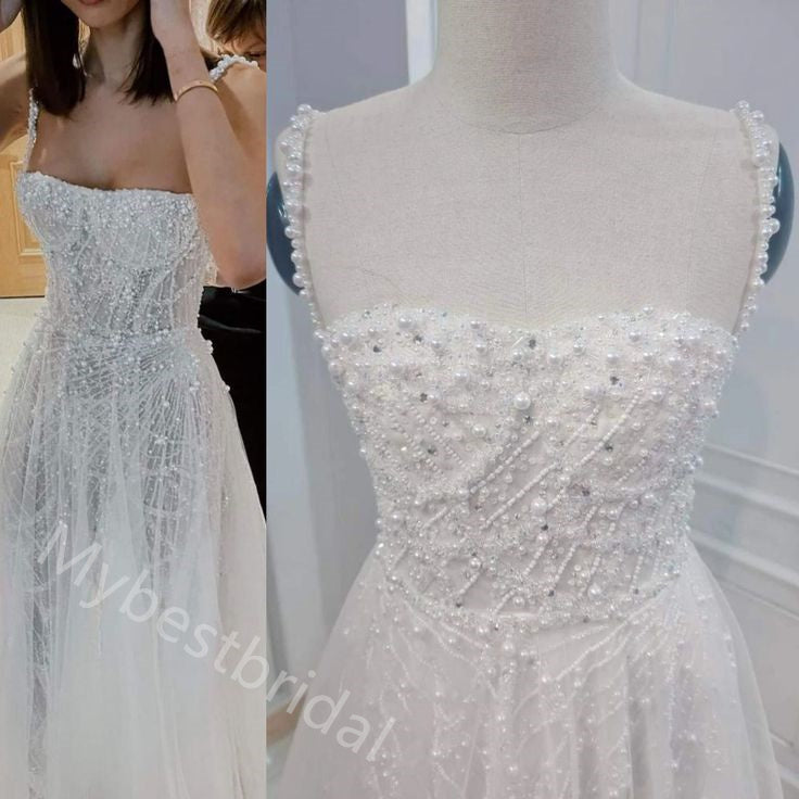 Sparkly Pearl  Square Sleeveless A-line  Wedding Dresses, WDY0340